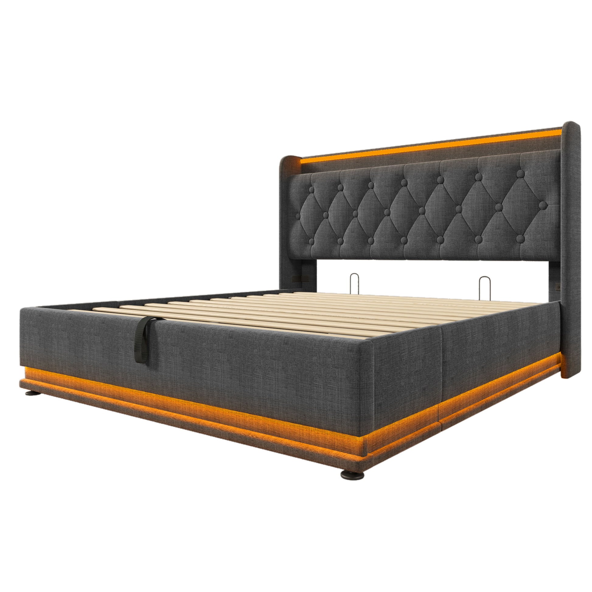 Upholstered Bed, 360 Surround LED Function, Remote Control, Hydraulic Storage Bed With USB, Type-C Charging (Without Mattress) - The Sleep Loft - Online Mattress Showroom NYC