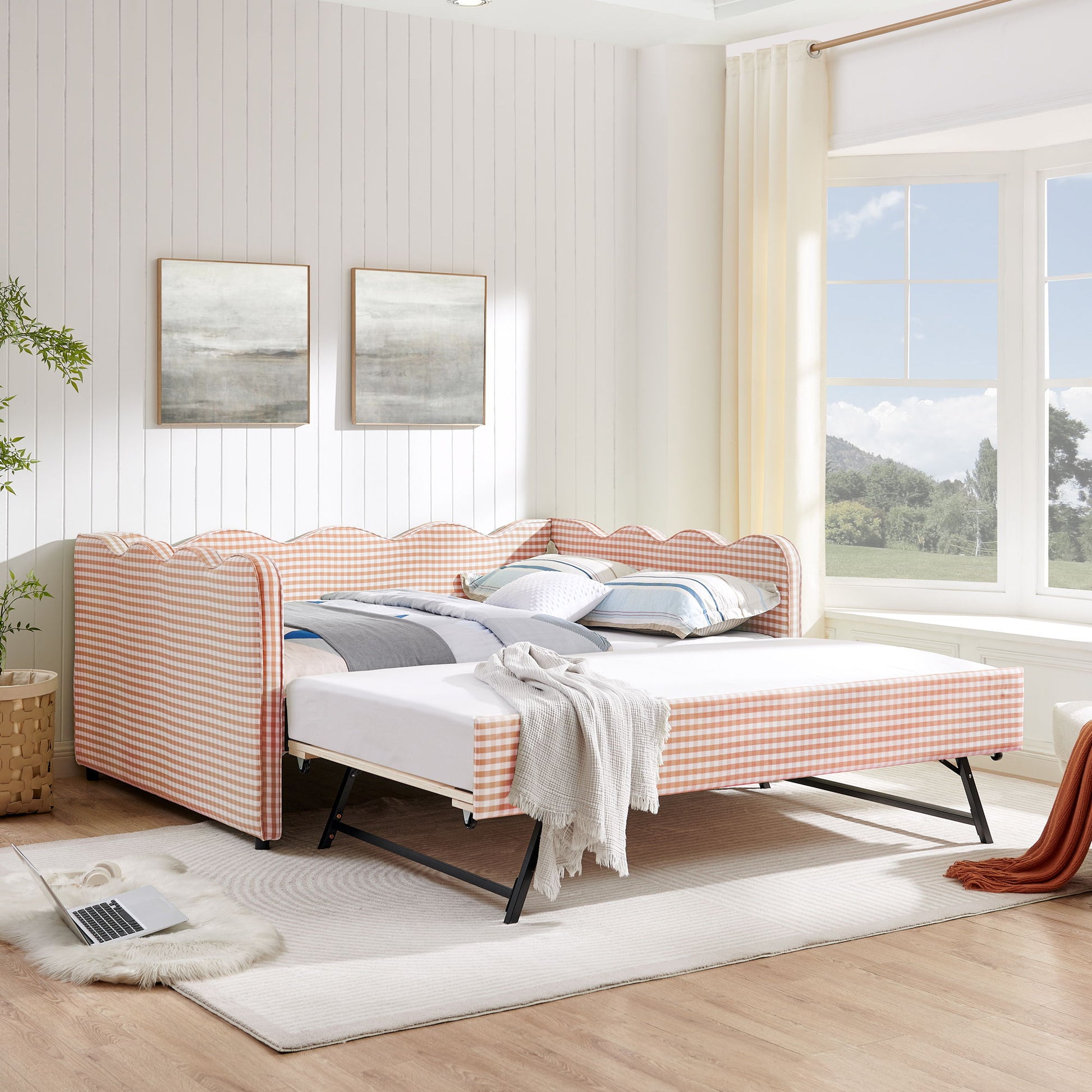 Gingham Daybed With USB Charging Port, Wave-Shaped Design - The Sleep Loft - Online Mattress Showroom NYC