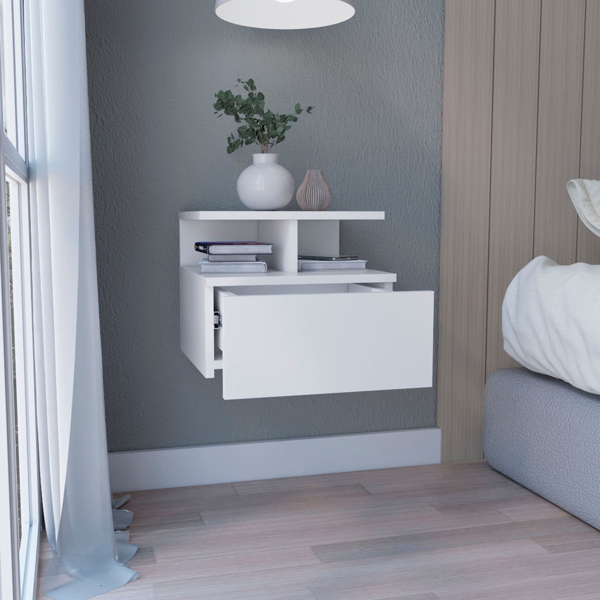 Floating Nightstand Wall Mounted With Single Drawer And 2 Tier Shelf - White - The Sleep Loft - Online Mattress Showroom NYC
