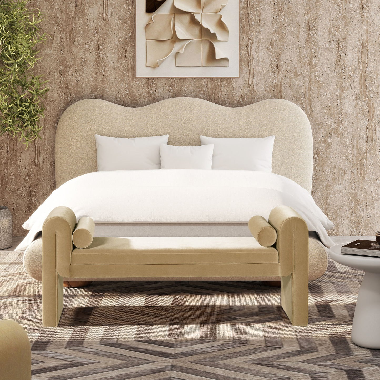 Mason - Arched Arm Bench With Bolster Pillows - Camel Brown Beige - The Sleep Loft - Online Mattress Showroom NYC