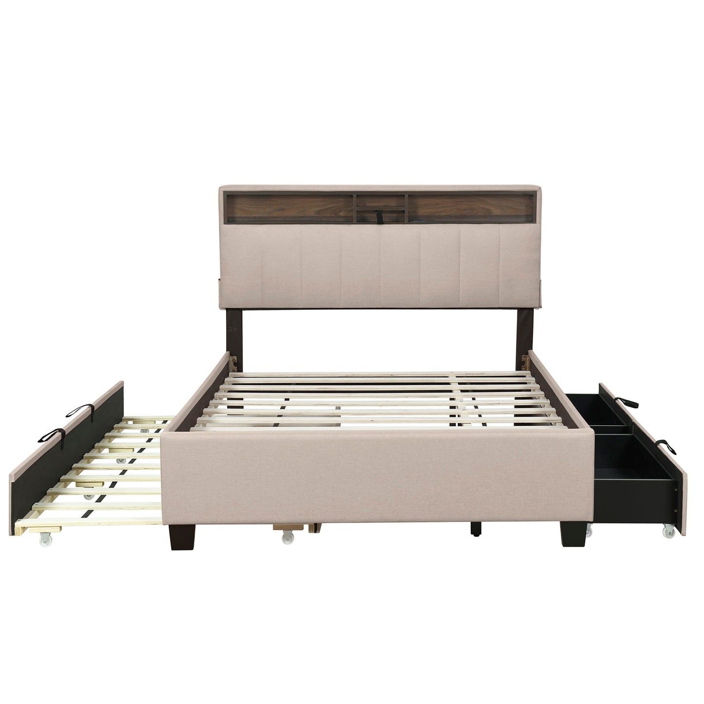 Upholstered Platform Bed With Storage Headboard, Trundle & 2 Drawers And A Set Of Sockets & USB Ports - The Sleep Loft - Online Mattress Showroom NYC