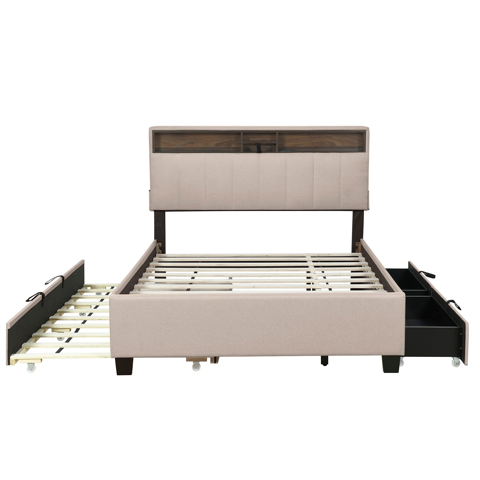 Upholstered Platform Bed With Storage Headboard, Trundle & 2 Drawers And A Set Of Sockets & USB Ports - The Sleep Loft - Online Mattress Showroom NYC