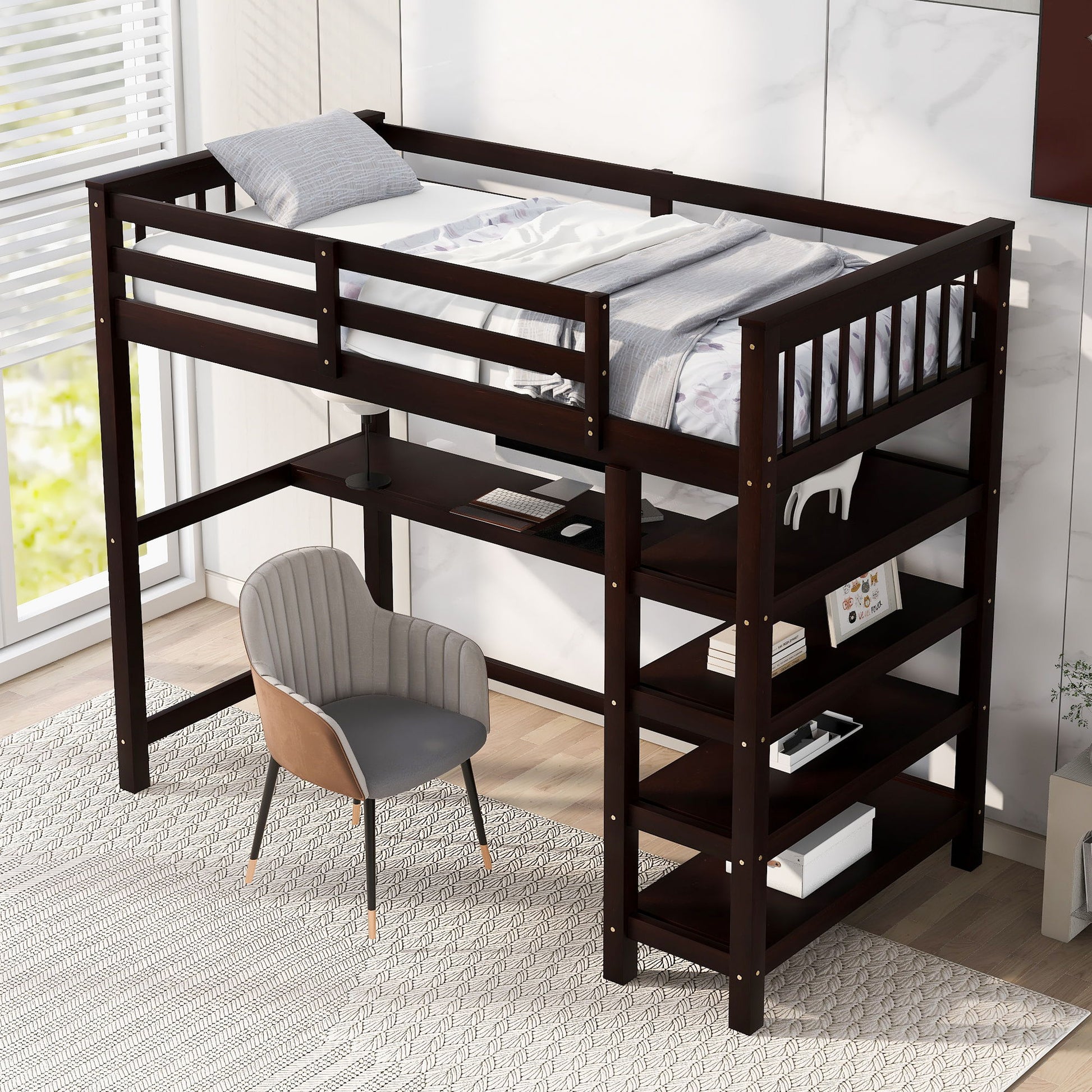 Loft Bed With Storage Shelves And Under Bed Desk - The Sleep Loft - Online Mattress Showroom NYC