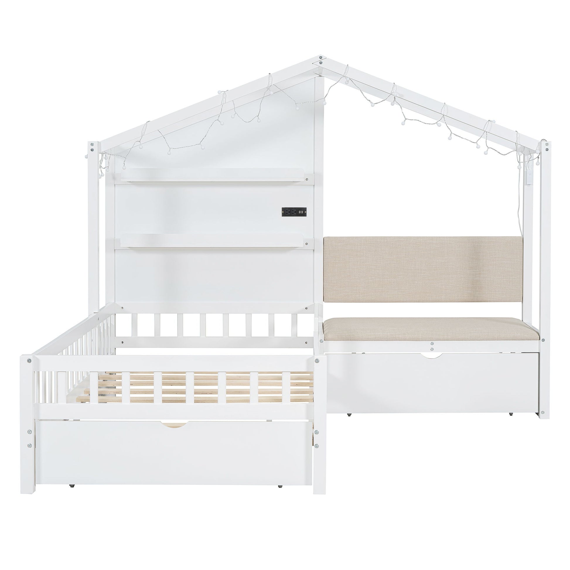 House Bed With Upholstered Sofa, Wireless Charging Station, Shelves And 2 Drawers - The Sleep Loft - Online Mattress Showroom NYC
