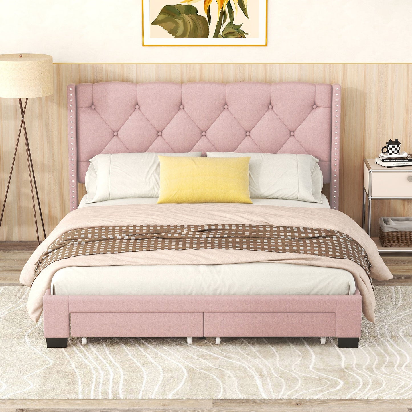 Queen Size Storage Bed Linen Upholstered Platform Bed & Two Drawers - Pink - The Sleep Loft - Online Mattress Showroom NYC