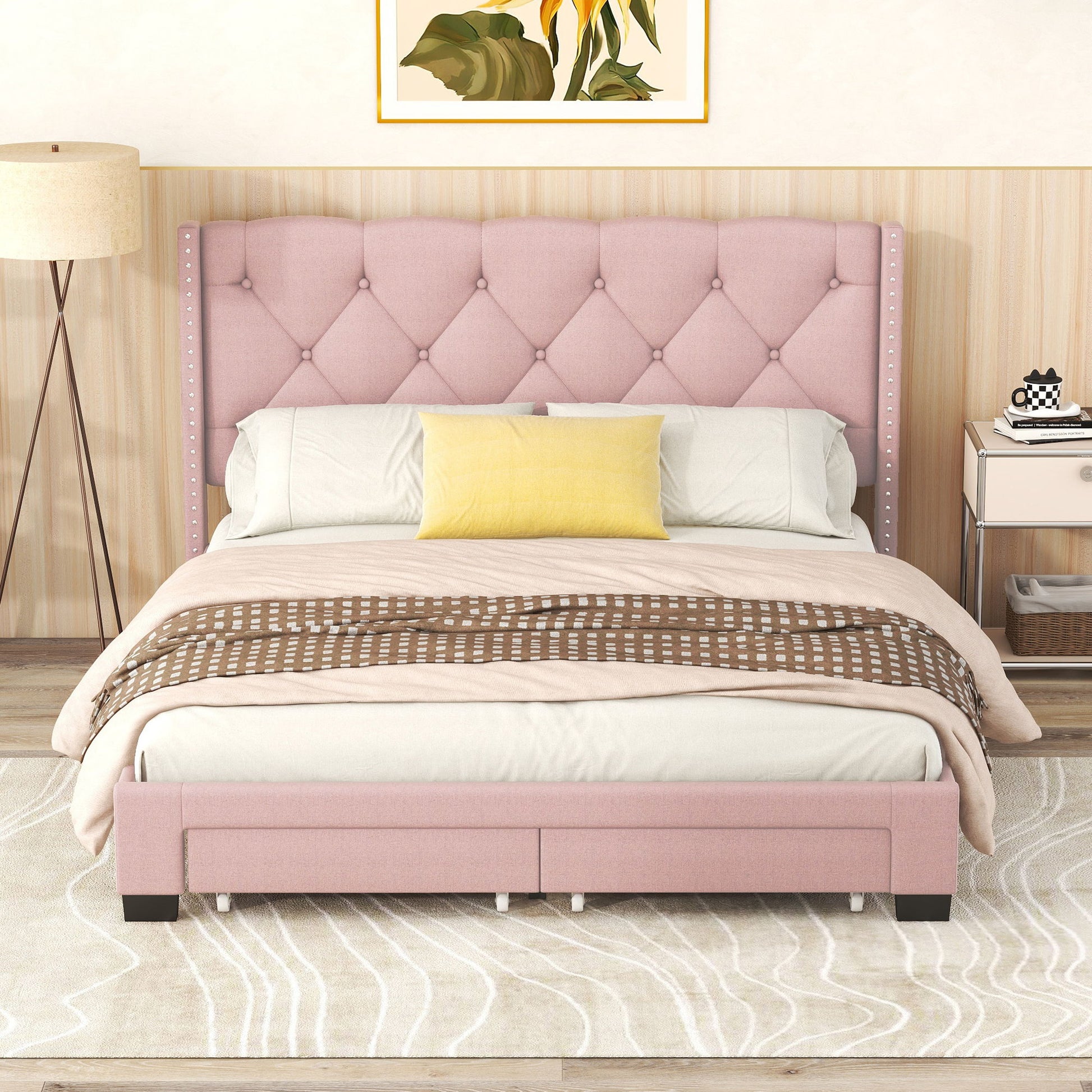 Queen Size Storage Bed Linen Upholstered Platform Bed & Two Drawers - Pink - The Sleep Loft - Online Mattress Showroom NYC