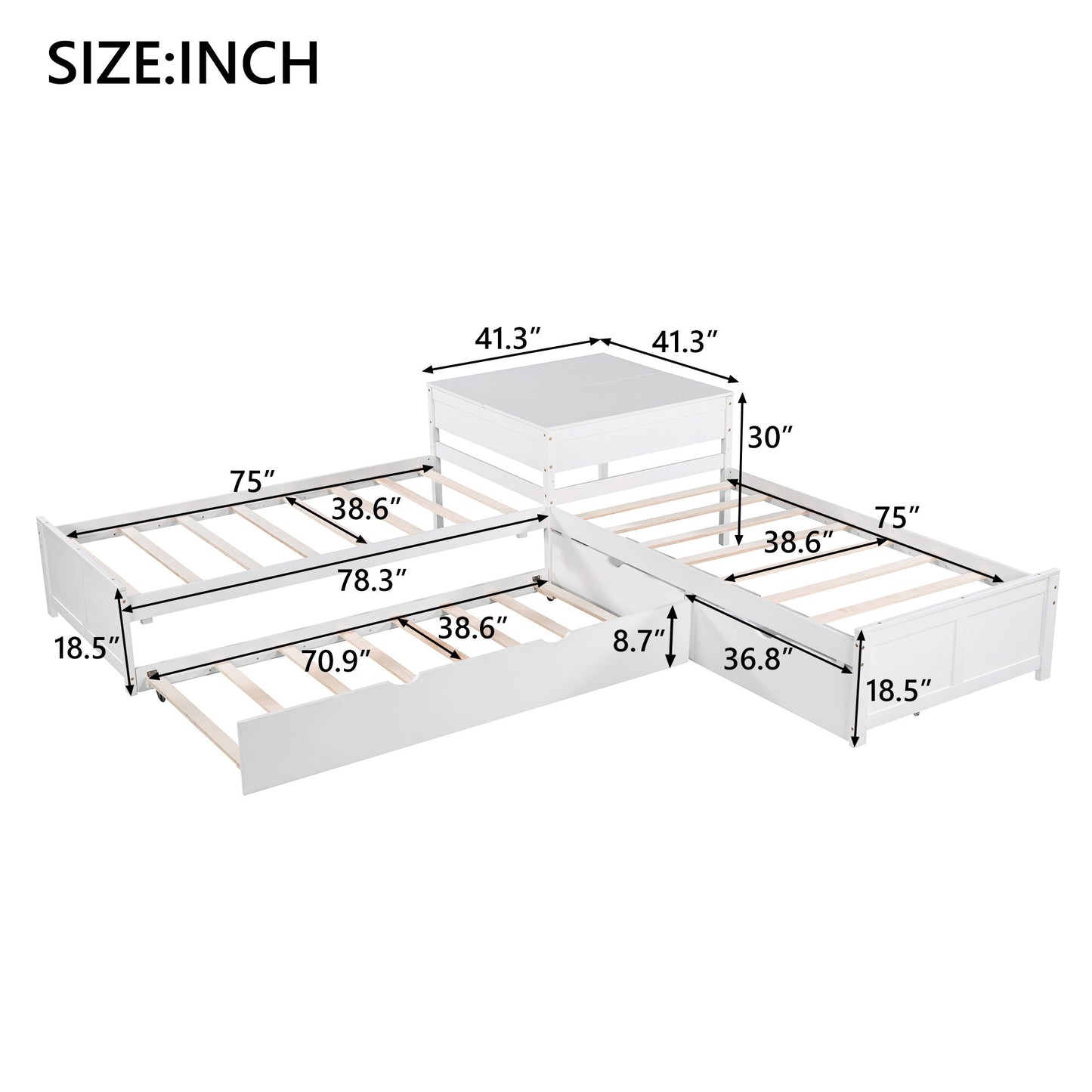 L Shaped Platform Bed With Trundle And Drawers Linked With Built In Desk - The Sleep Loft - Online Mattress Showroom NYC