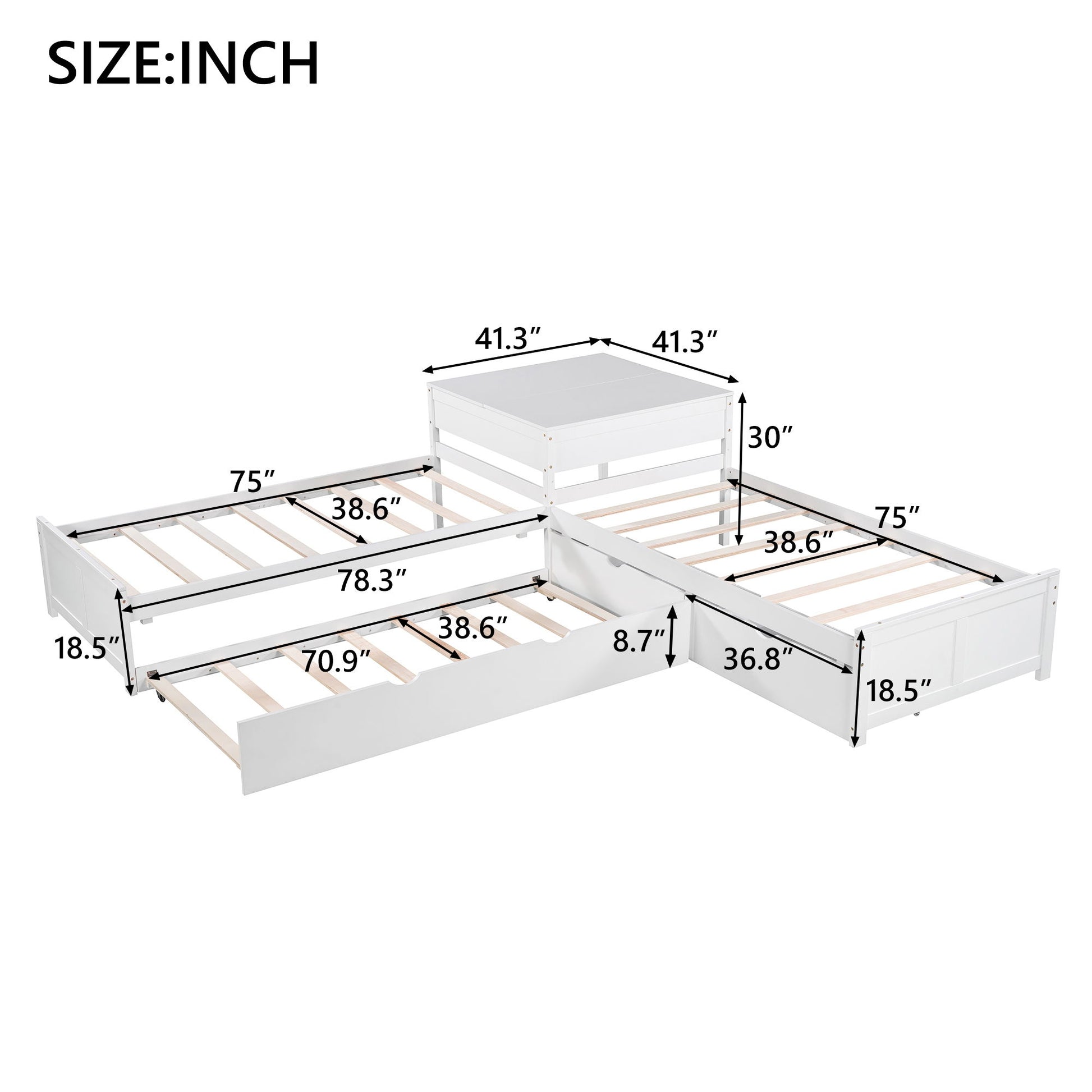 L Shaped Platform Bed With Trundle And Drawers Linked With Built In Desk - The Sleep Loft - Online Mattress Showroom NYC