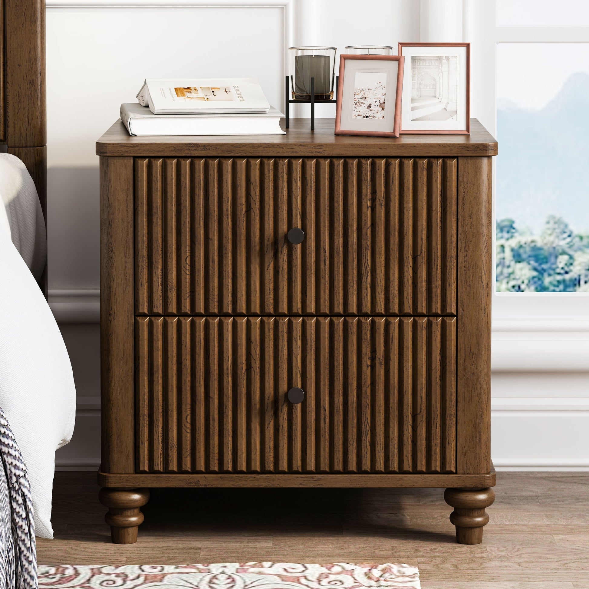 Mid Century Modern Fluted Nightstand 2 Piece Set With 3 Drawers - Walnut - The Sleep Loft - Online Mattress Showroom NYC