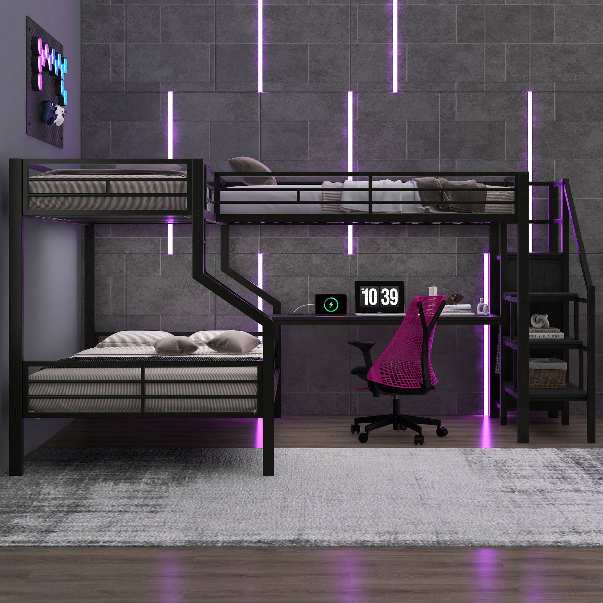 Twin Over Full L Shaped Bunk & Loft Bed With Built-In Wardrobe, Desk, And USB Ports - Black - The Sleep Loft - Online Mattress Showroom NYC
