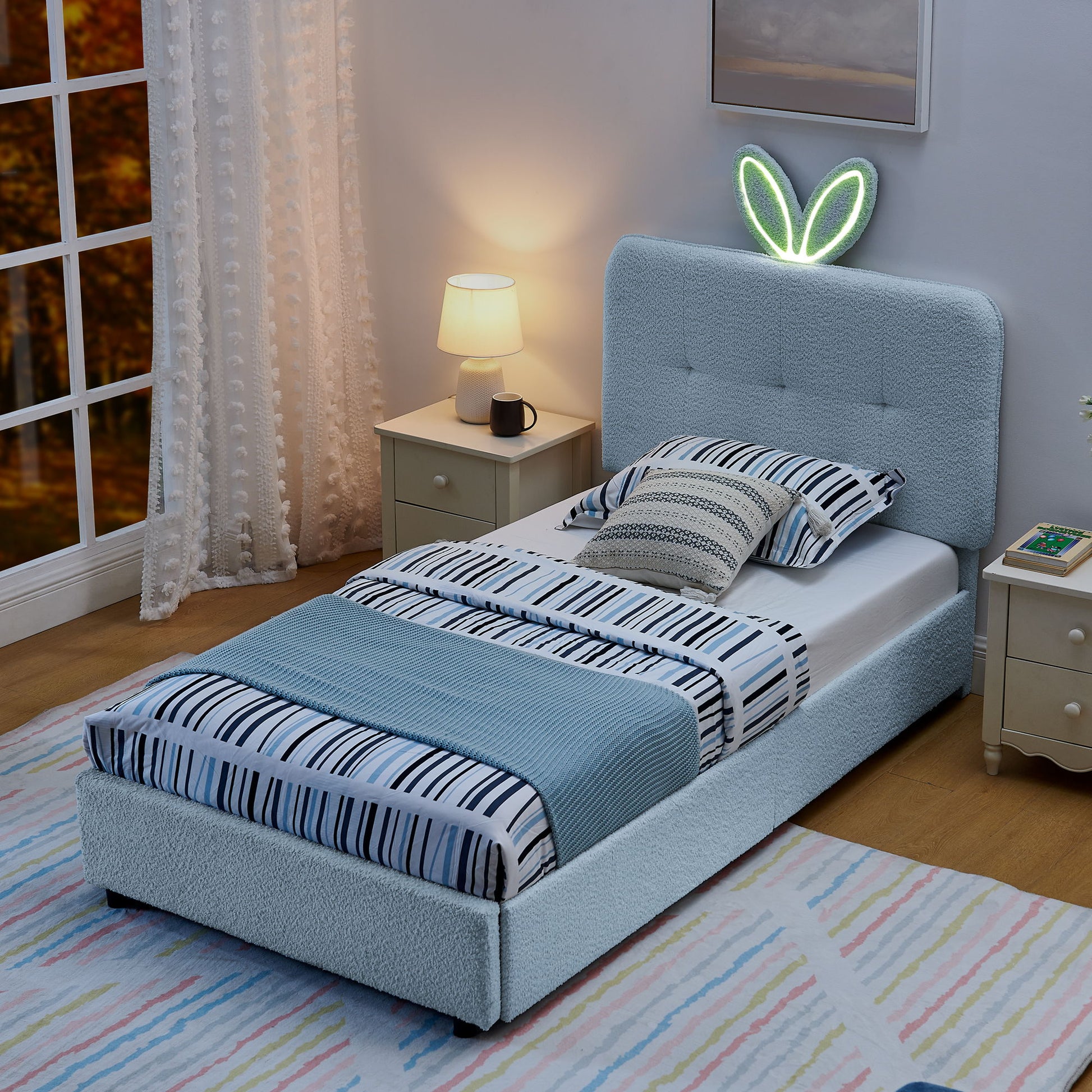 Upholstered Bed With Oversized Rabbit Ear Headboard, LED Lights & 4 Storage Drawers - The Sleep Loft - Online Mattress Showroom NYC