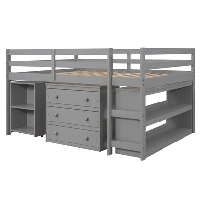 Loft Low Study Bed With Cabinet, Shelves And Rolling Portable Desk, Multiple Functions - The Sleep Loft - Online Mattress Showroom NYC