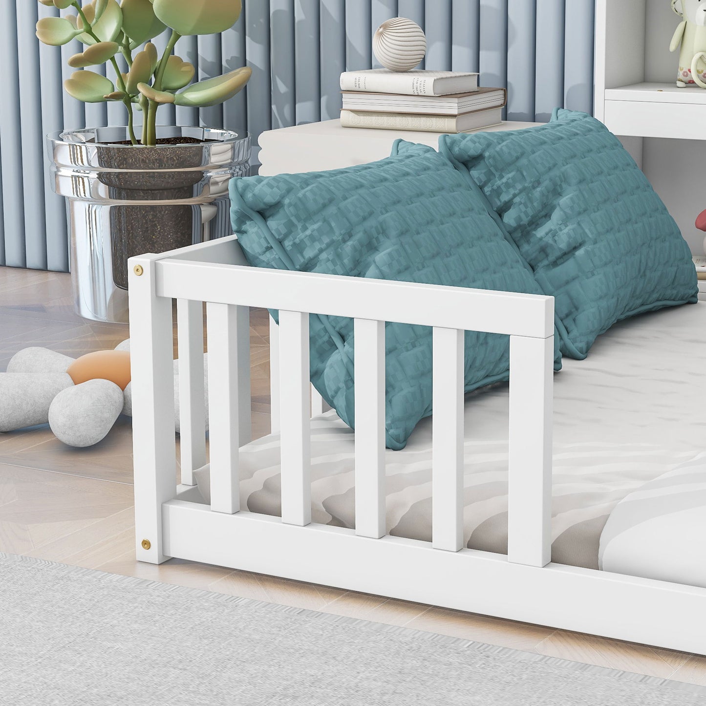 Floor Bed With Side Bookcase, Shelves, Guardrails - The Sleep Loft - Online Mattress Showroom NYC