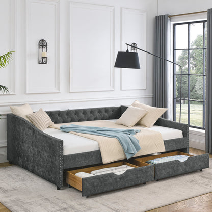 Upholstered Tufted Daybed With Drawers, Waved Arms - The Sleep Loft - Online Mattress Showroom NYC