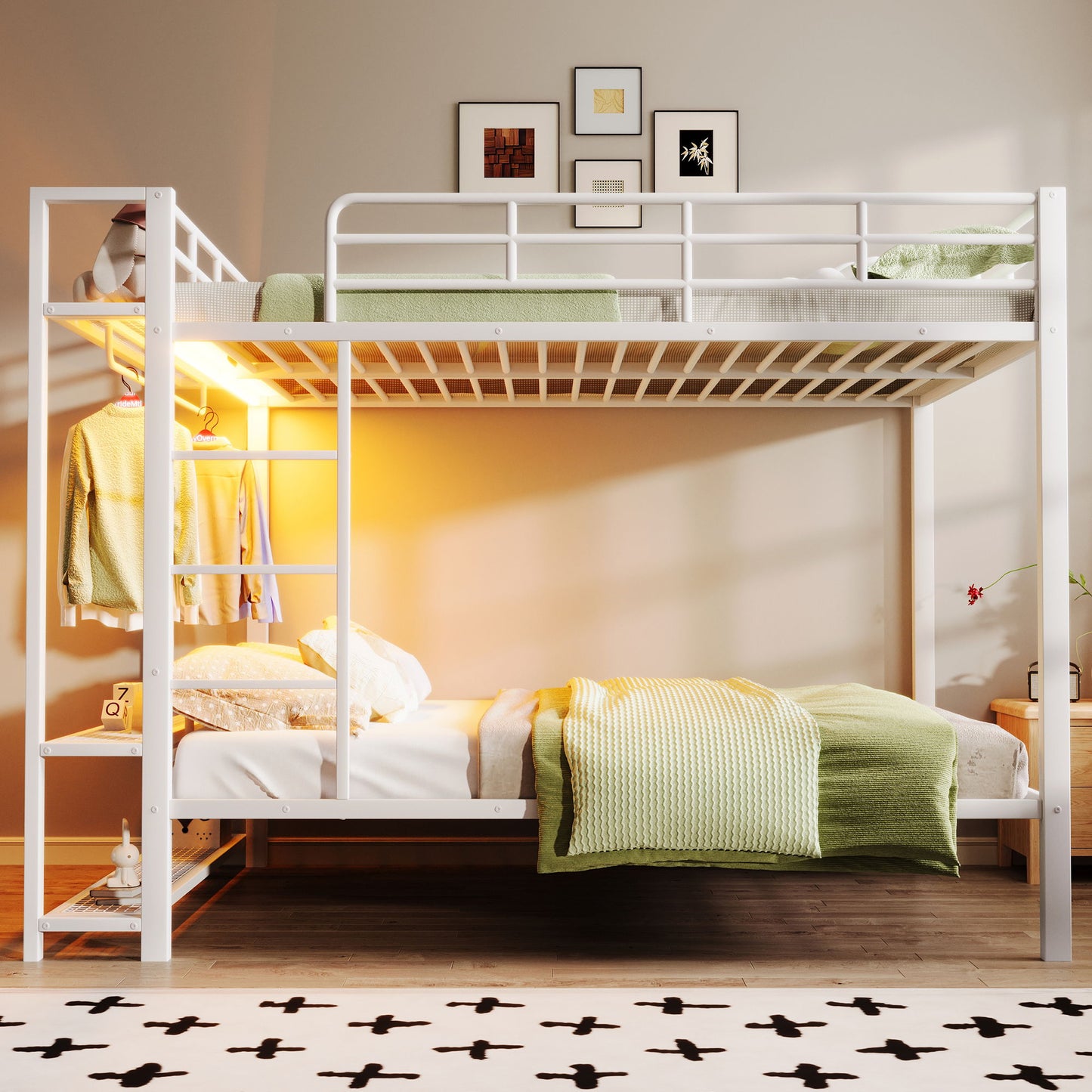 Bunk Bed With Storage Shelves, Clothes Hooks, LED Light - The Sleep Loft - Online Mattress Showroom NYC