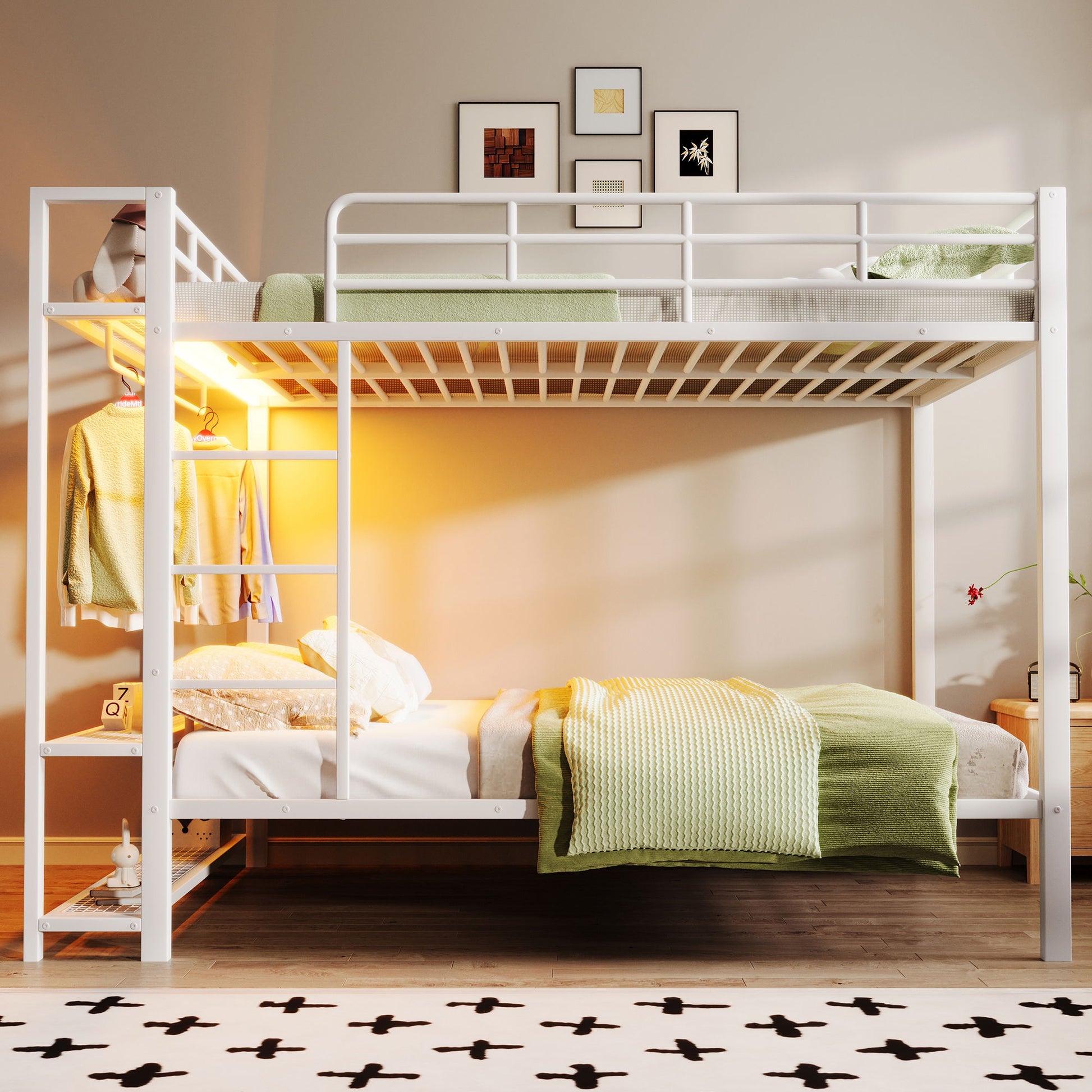 Bunk Bed With Storage Shelves, Clothes Hooks, LED Light - The Sleep Loft - Online Mattress Showroom NYC