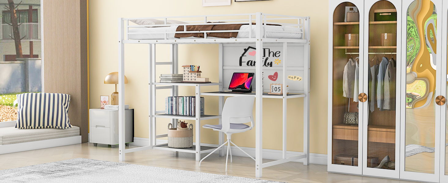 Metal Loft Bed With Desk, 3 Shelves And Ladder - The Sleep Loft - Online Mattress Showroom NYC
