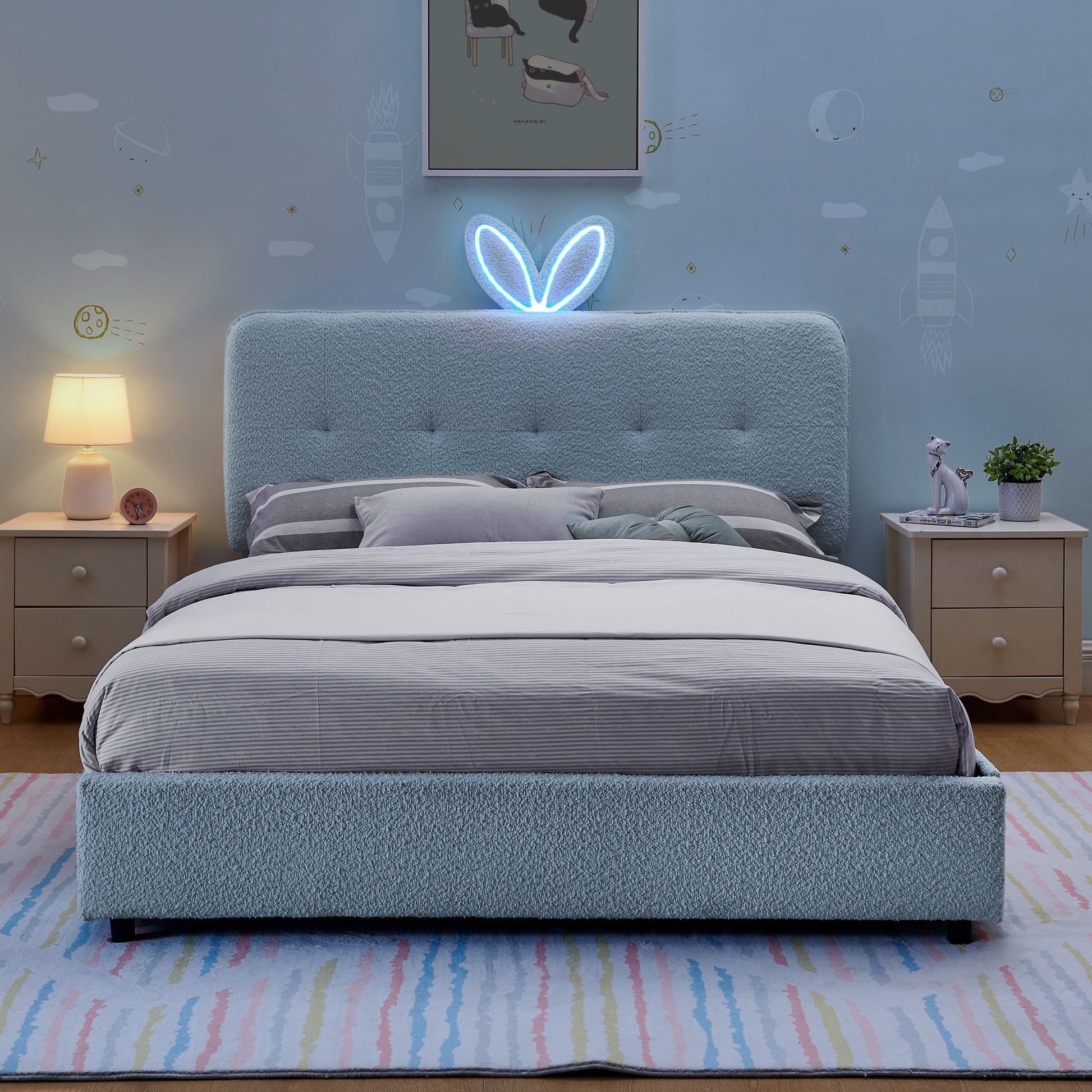 Upholstered Bed With Oversized Rabbit Ear Headboard, LED Lights & 4 Storage Drawers - The Sleep Loft - Online Mattress Showroom NYC