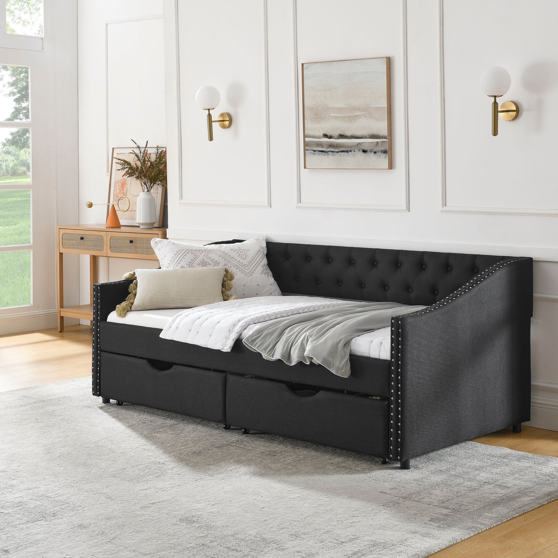 Upholstered Tufted Daybed With 2 Drawers, Waved Arms - The Sleep Loft - Online Mattress Showroom NYC