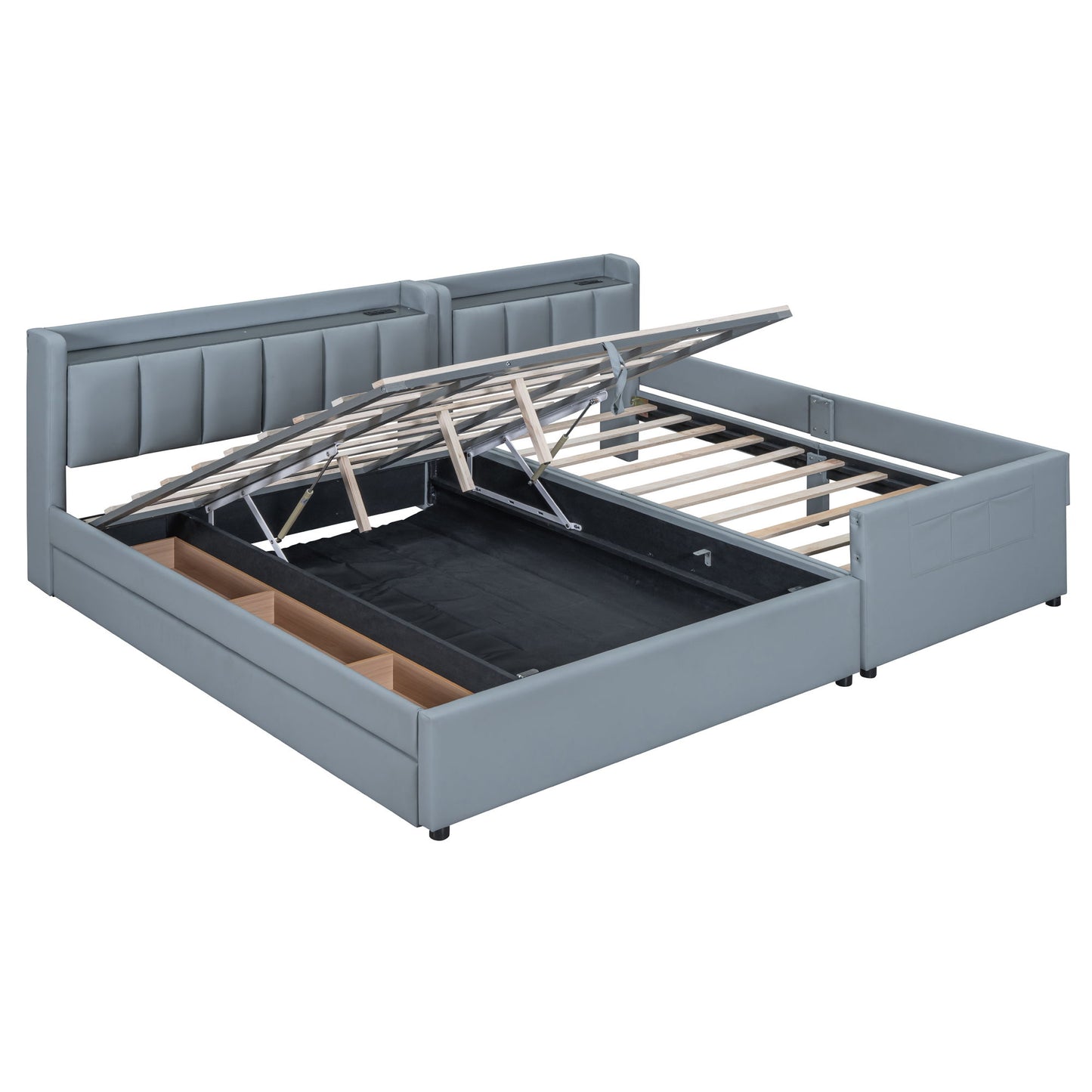 Upholstered Mother & Child Bed With Hydraulic Storage System, Drawer Box, Bedhead Storage Shelf And 2 Pairs Of Sockets & USB Ports - The Sleep Loft - Online Mattress Showroom NYC