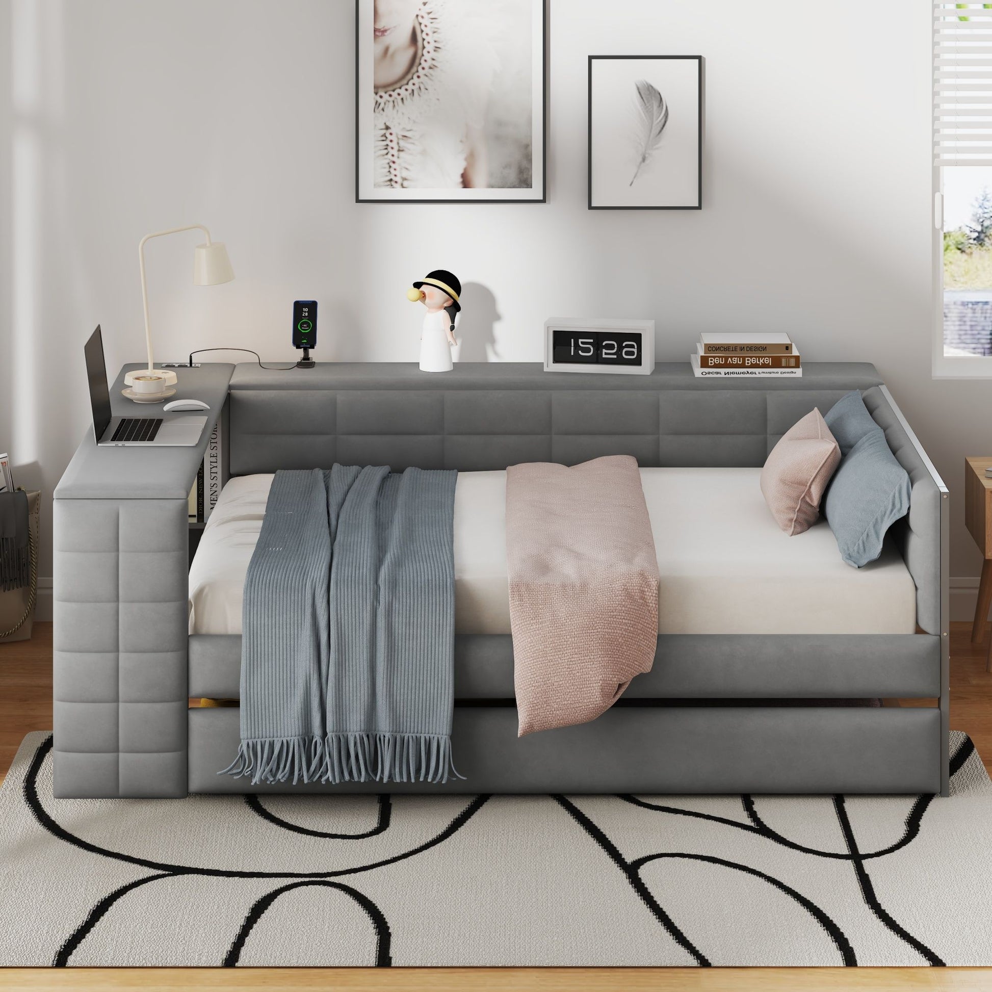 Upholstered Platform Bed With Storage Shelves, Desk, Charging Station And Trundle - The Sleep Loft - Online Mattress Showroom NYC