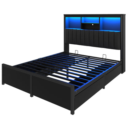 Bed Frame With High Storage Headboard, LED Light And Charging Station, 4 Storage Drawers - The Sleep Loft - Online Mattress Showroom NYC