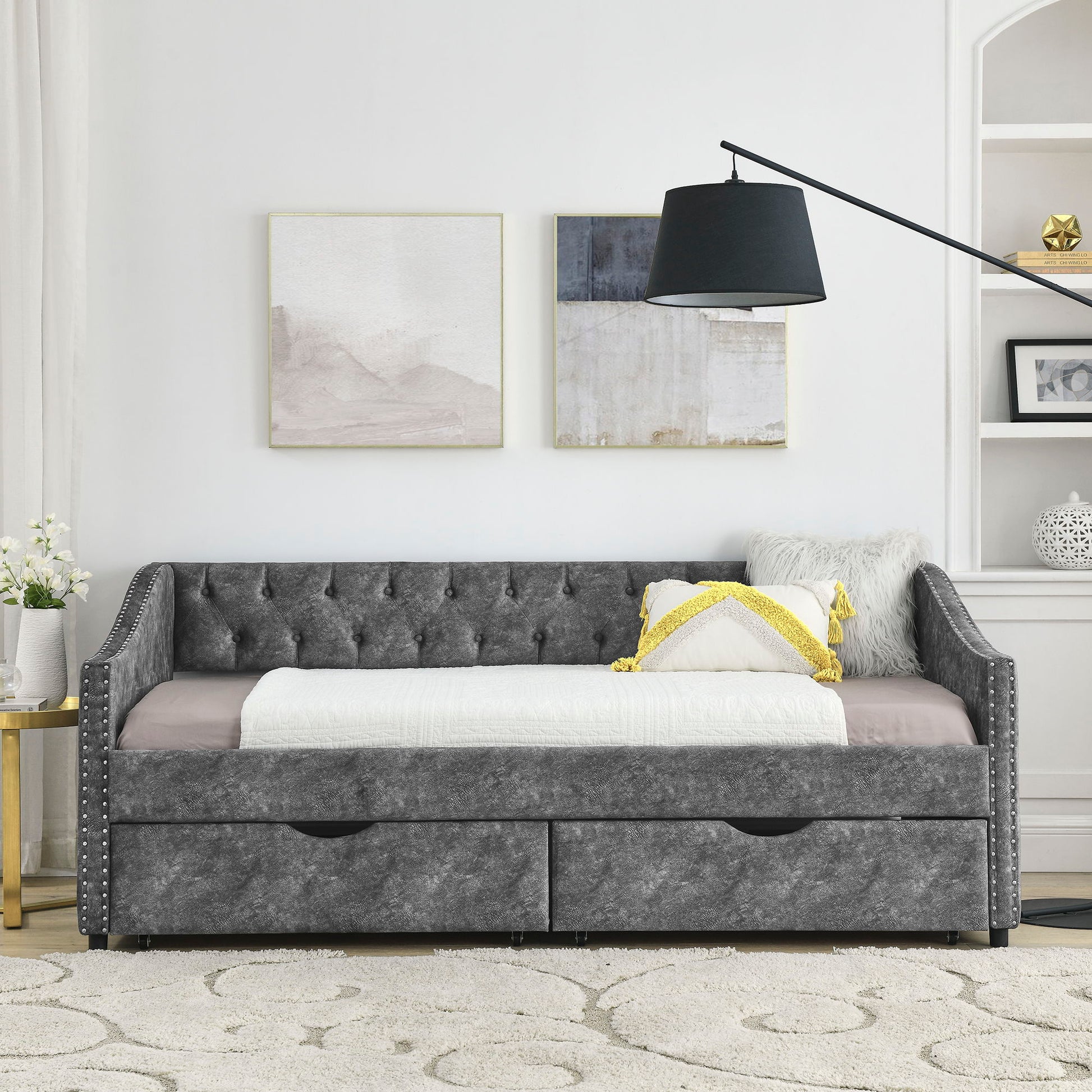 Upholstered Tufted Daybed With 2 Drawers, Waved Arms - The Sleep Loft - Online Mattress Showroom NYC