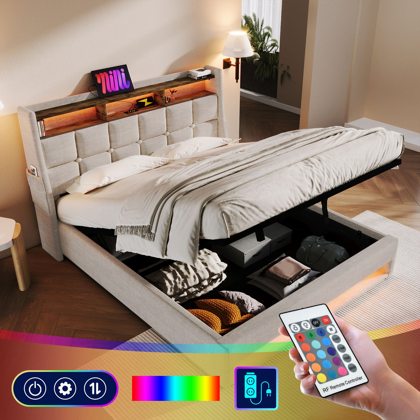 Upholstered Platform Bed With A Hydraulic Storage System, LED And USB Charging (Without Mattress) - The Sleep Loft - Online Mattress Showroom NYC