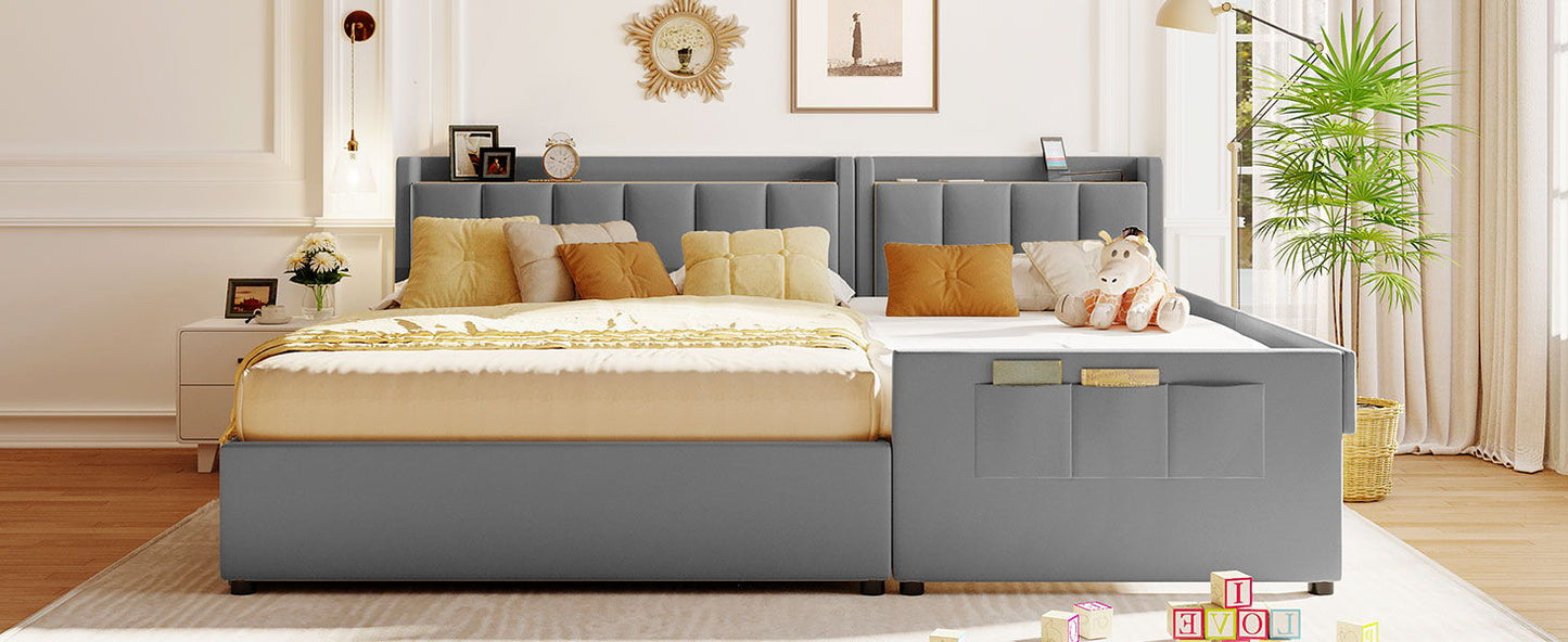 Upholstered Mother & Child Bed With Hydraulic Storage System, Drawer Box, Bedhead Storage Shelf And 2 Pairs Of Sockets & USB Ports - The Sleep Loft - Online Mattress Showroom NYC