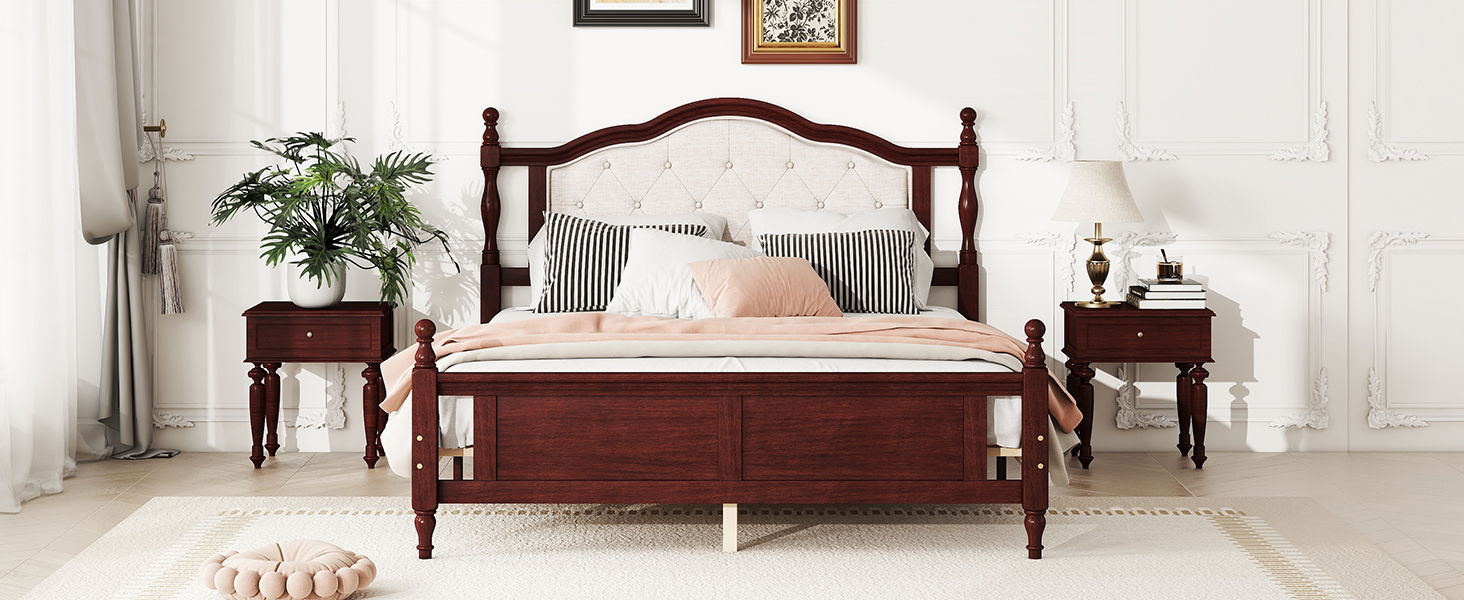 Pine Wooden Bed With Upholstered Headboard And Panel Footboard, With Two Bed Rail Support Feet And Central Platform Support Feet - The Sleep Loft - Online Mattress Showroom NYC