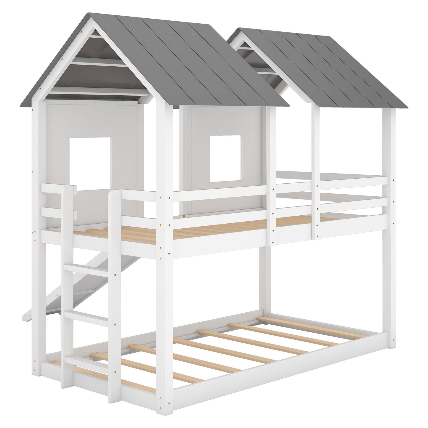 Twin Over Twin House Bunk Bed With Slide And Windows - White / Gray - The Sleep Loft - Online Mattress Showroom NYC