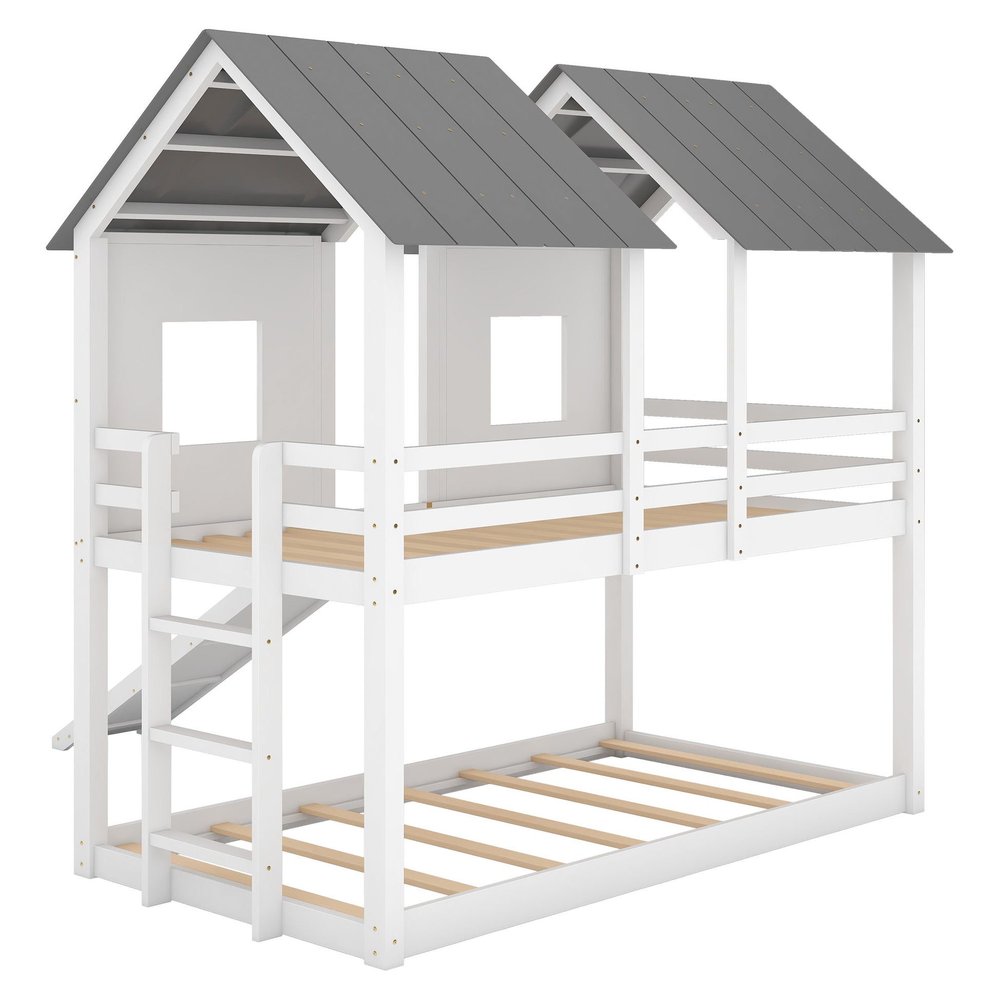 Twin Over Twin House Bunk Bed With Slide And Windows - White / Gray - The Sleep Loft - Online Mattress Showroom NYC