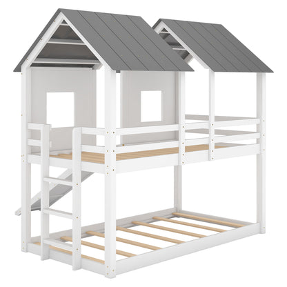 Twin Over Twin House Bunk Bed With Slide And Windows - White / Gray - The Sleep Loft - Online Mattress Showroom NYC