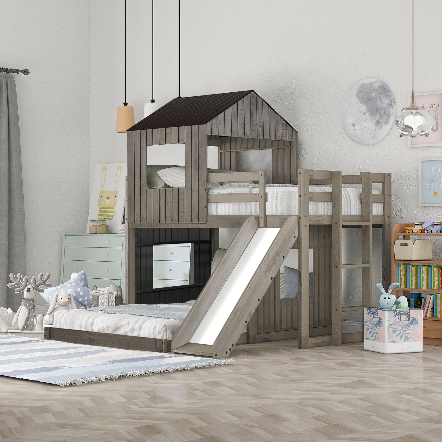 Loft Bunk Bed With Playhouse, Farmhouse, Ladder, Slide And Guardrails - The Sleep Loft - Online Mattress Showroom NYC