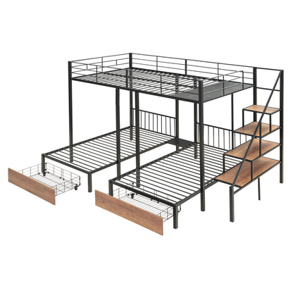 Full Over Twin-Twin Triple Bunk Bed With Drawers And Staircase - Black - The Sleep Loft - Online Mattress Showroom NYC
