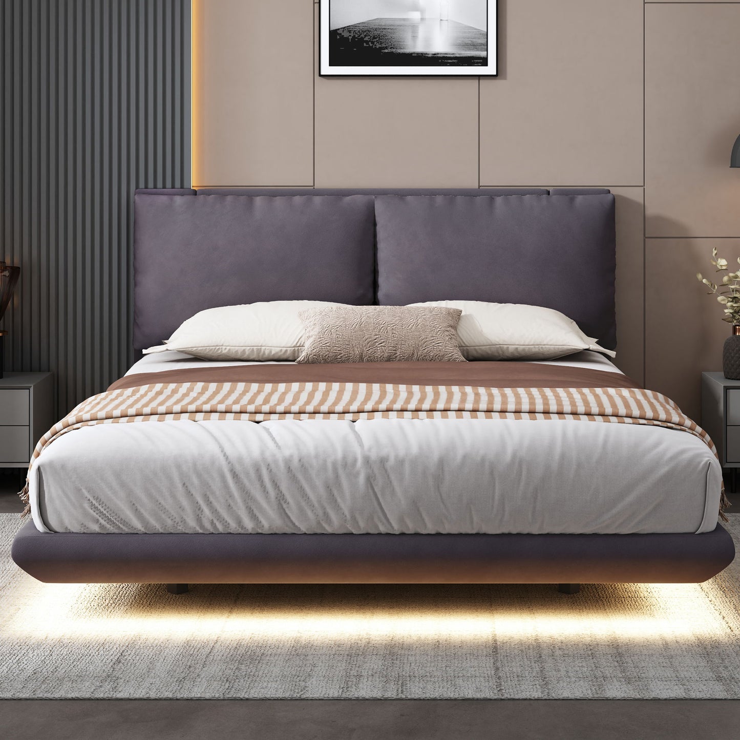 Upholstered Platform Bed With Sensor Light And 2 Large Backrests, With 2 Sets Of USB Port And Socket On Each Rear Bed Leg - The Sleep Loft - Online Mattress Showroom NYC