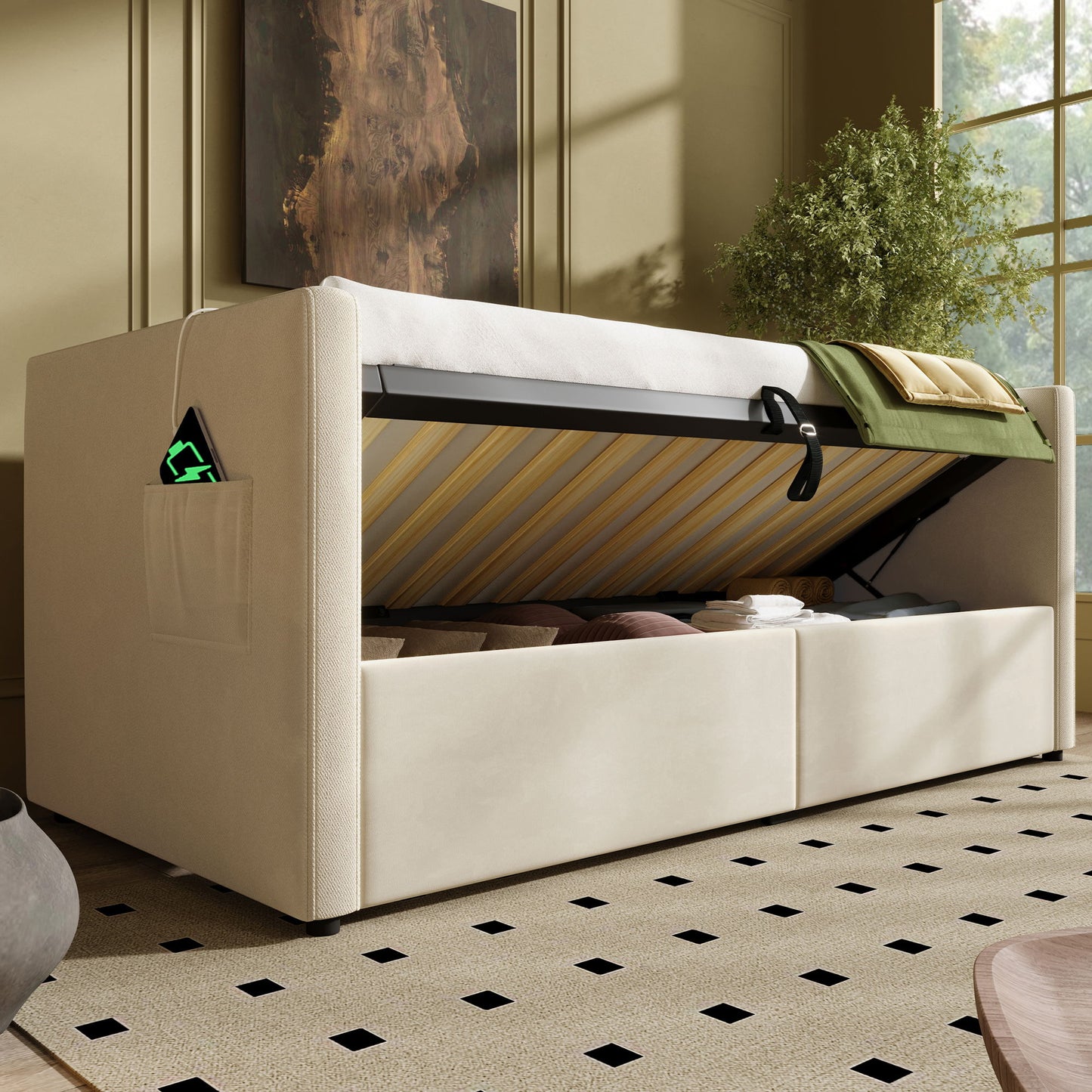 Upholstered Hydraulic Storage Daybed With USB & Type C Charging - The Sleep Loft - Online Mattress Showroom NYC