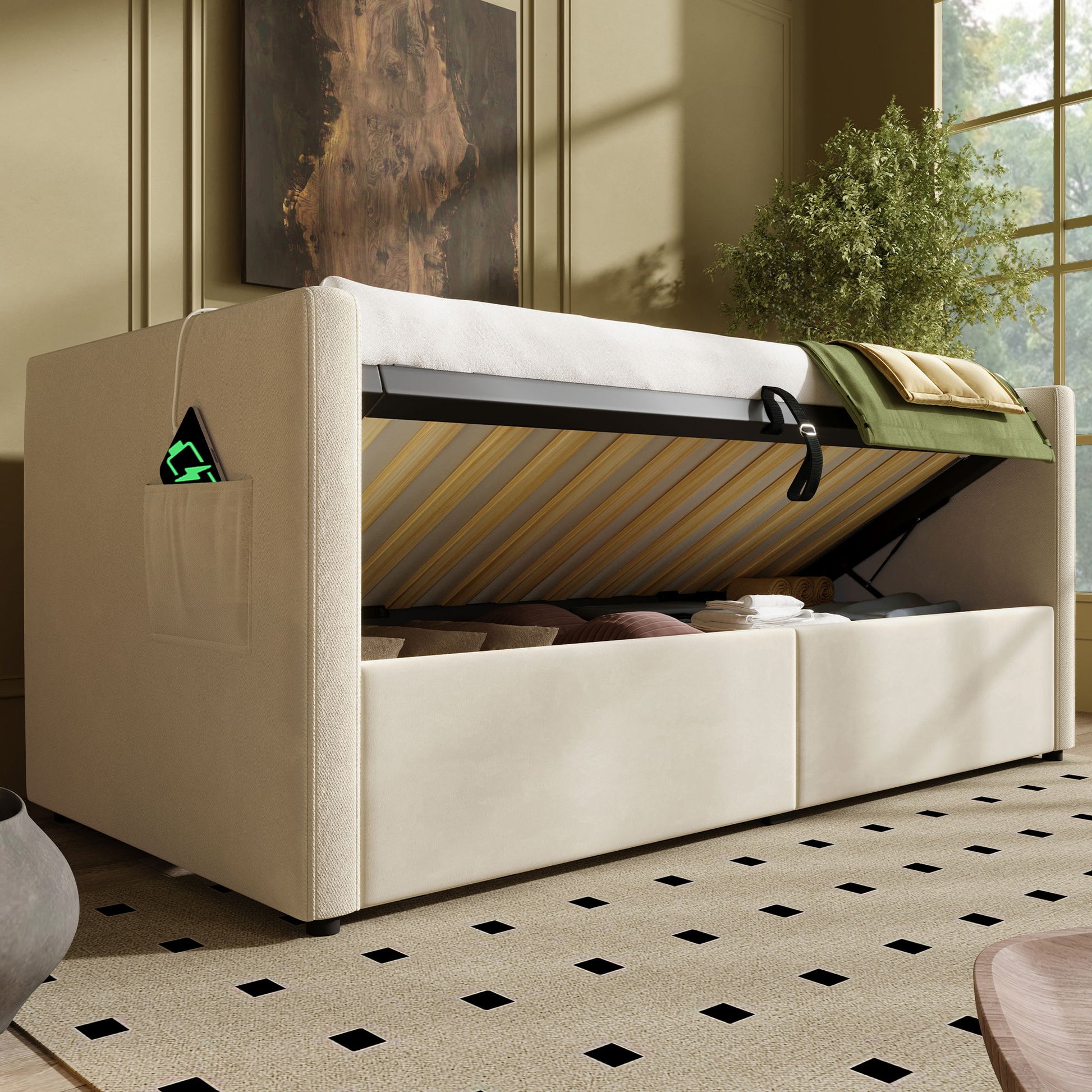 Upholstered Hydraulic Storage Daybed With USB & Type C Charging - The Sleep Loft - Online Mattress Showroom NYC