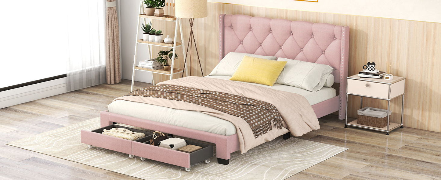 Queen Size Storage Bed Linen Upholstered Platform Bed & Two Drawers - Pink - The Sleep Loft - Online Mattress Showroom NYC