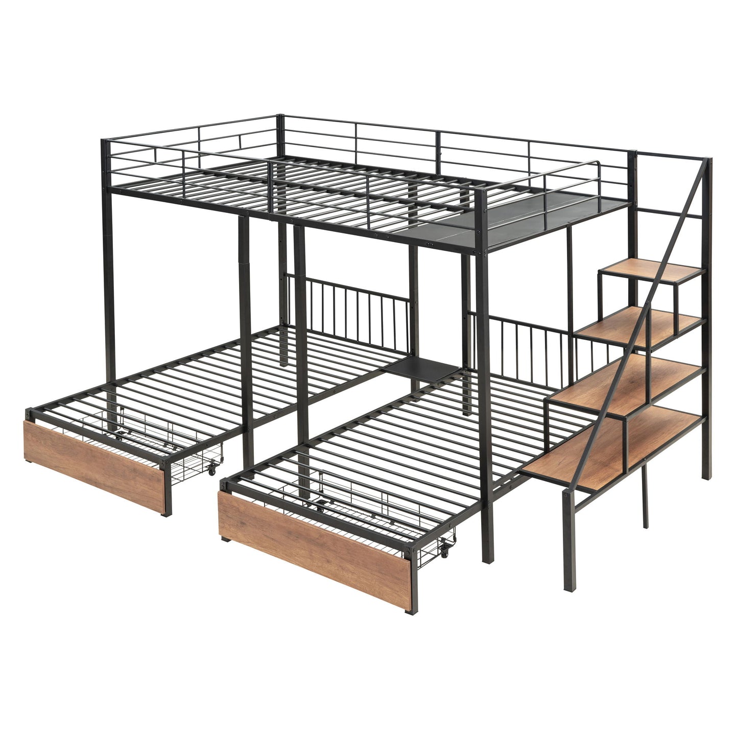 Full Over Twin-Twin Triple Bunk Bed With Drawers And Staircase - Black - The Sleep Loft - Online Mattress Showroom NYC