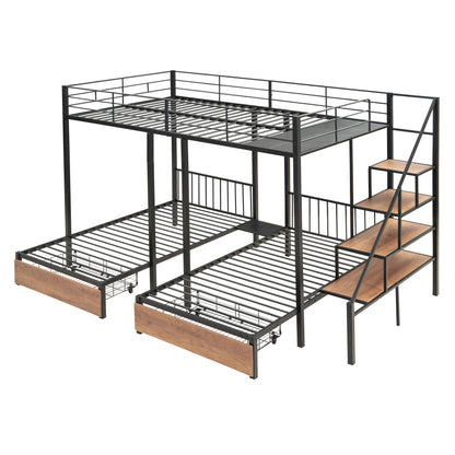 Full Over Twin-Twin Triple Bunk Bed With Drawers And Staircase - Black - The Sleep Loft - Online Mattress Showroom NYC