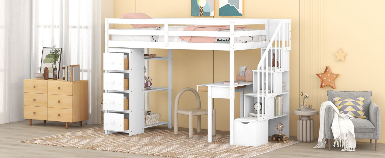 Loft Bed With Storage Drawers, Desk And Stairs With Shelves - The Sleep Loft - Online Mattress Showroom NYC