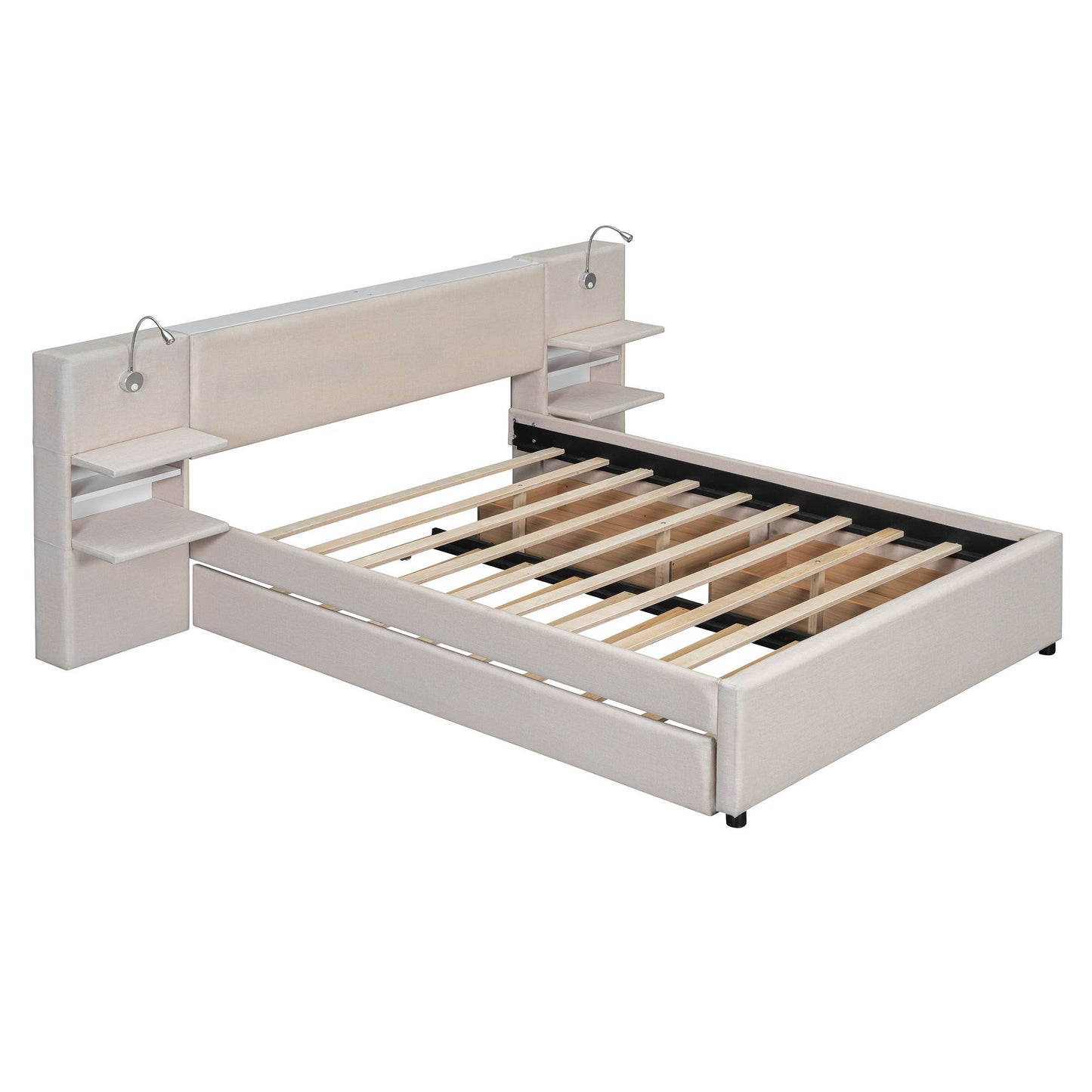 Upholstered Platform Bed With Reading Lights, Drawers, Trundle And Shelves - The Sleep Loft - Online Mattress Showroom NYC