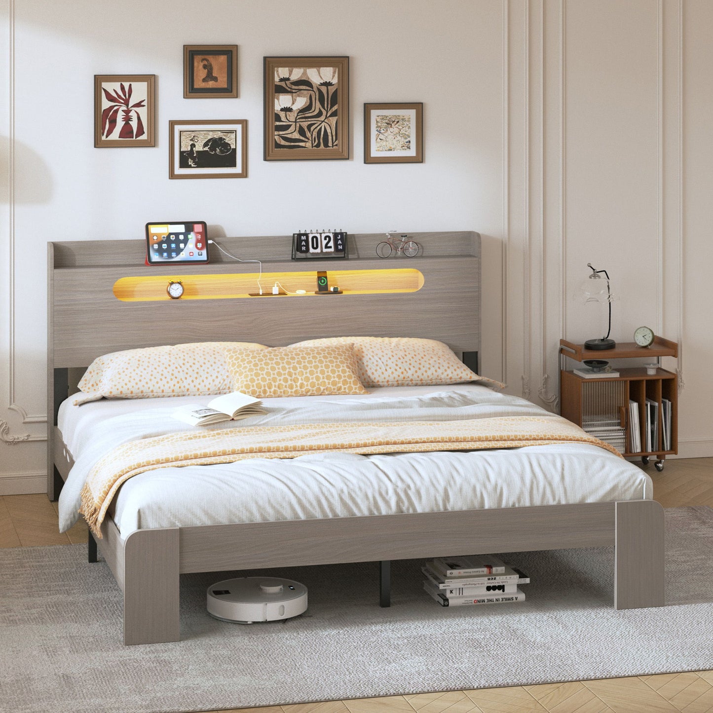 King Size Platform Bed Frame With Storage LED Light Headboard And Usb, Noise Free - Dark Gray - The Sleep Loft - Online Mattress Showroom NYC
