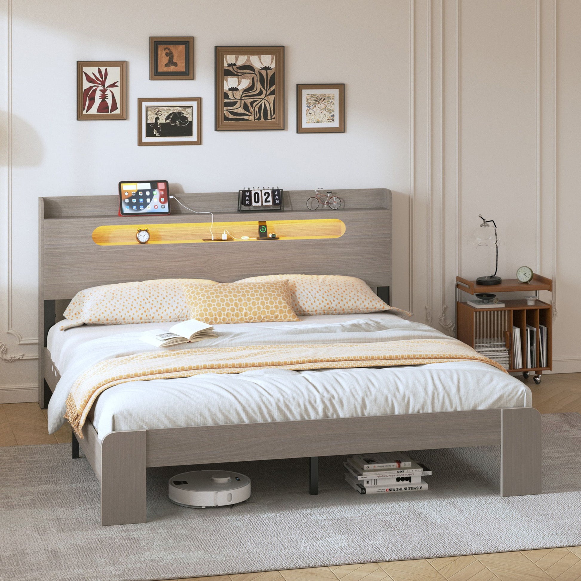 King Size Platform Bed Frame With Storage LED Light Headboard And Usb, Noise Free - Dark Gray - The Sleep Loft - Online Mattress Showroom NYC