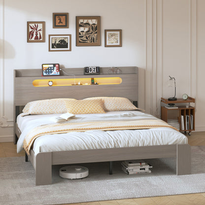 King Size Platform Bed Frame With Storage LED Light Headboard And Usb, Noise Free - Dark Gray - The Sleep Loft - Online Mattress Showroom NYC