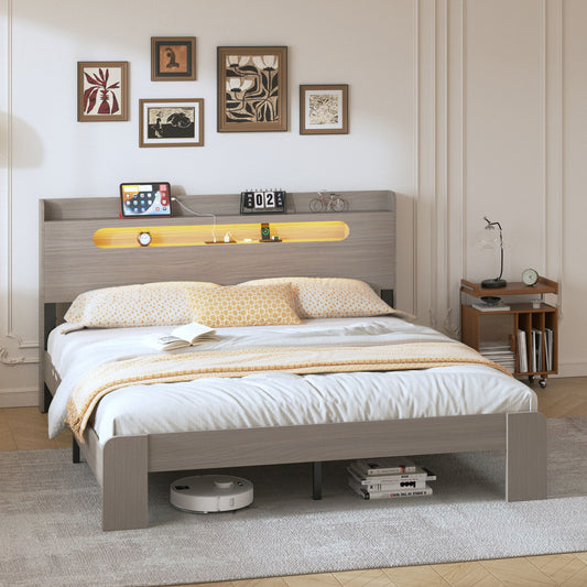 King Size Platform Bed Frame With Storage LED Light Headboard And Usb, Noise Free - Dark Gray - The Sleep Loft - Online Mattress Showroom NYC