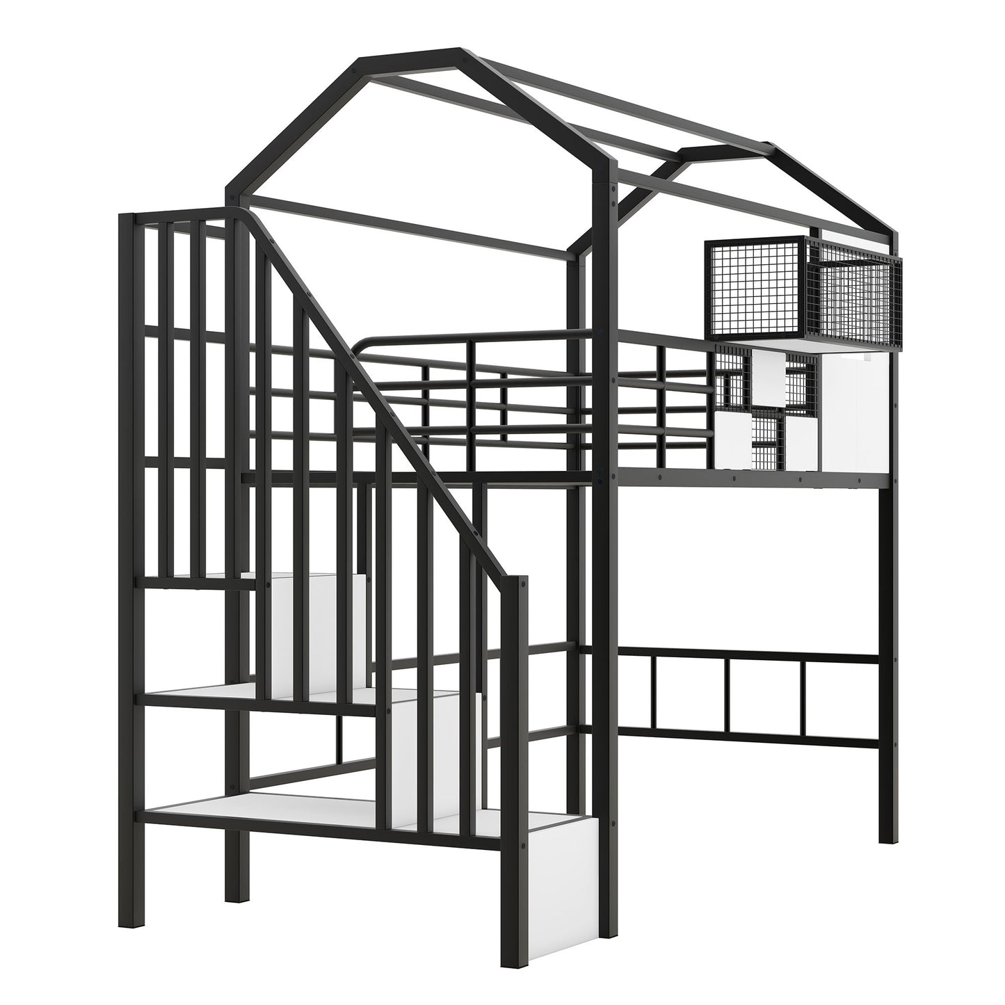 Metal Loft Bed With Roof Design And Storage Box With Guardrails And Integrated Ladder - The Sleep Loft - Online Mattress Showroom NYC