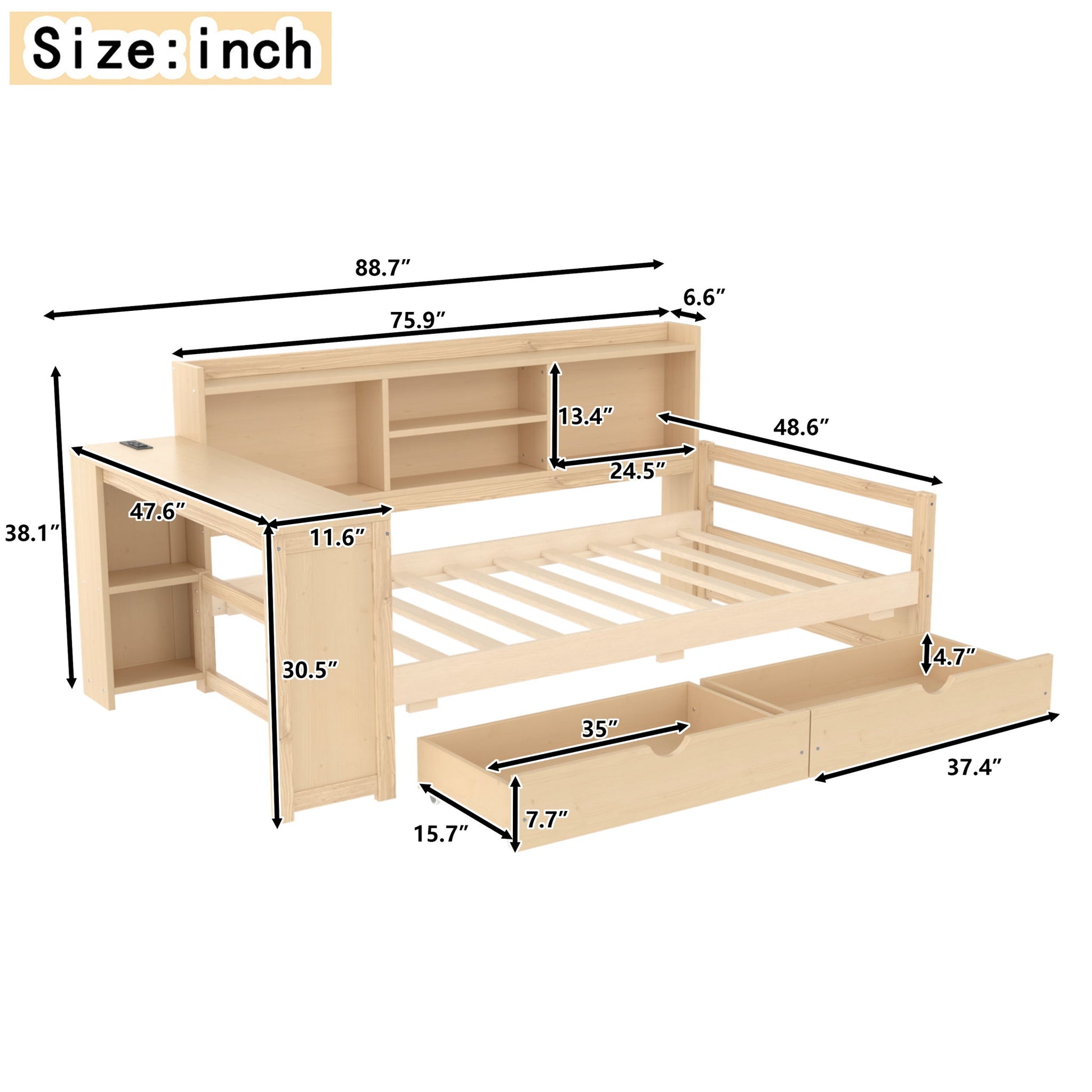 Corner Daybed With Storage Drawers, Desk, Charging Port & Bookcase - The Sleep Loft - Online Mattress Showroom NYC