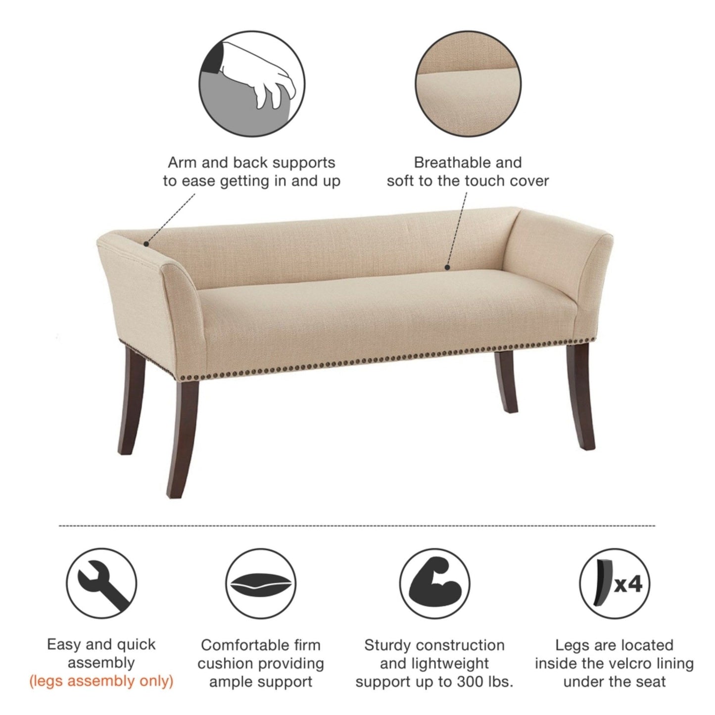 Elegant Design Bench Upholstery, Solid Wood Frame - The Sleep Loft - Online Mattress Showroom NYC